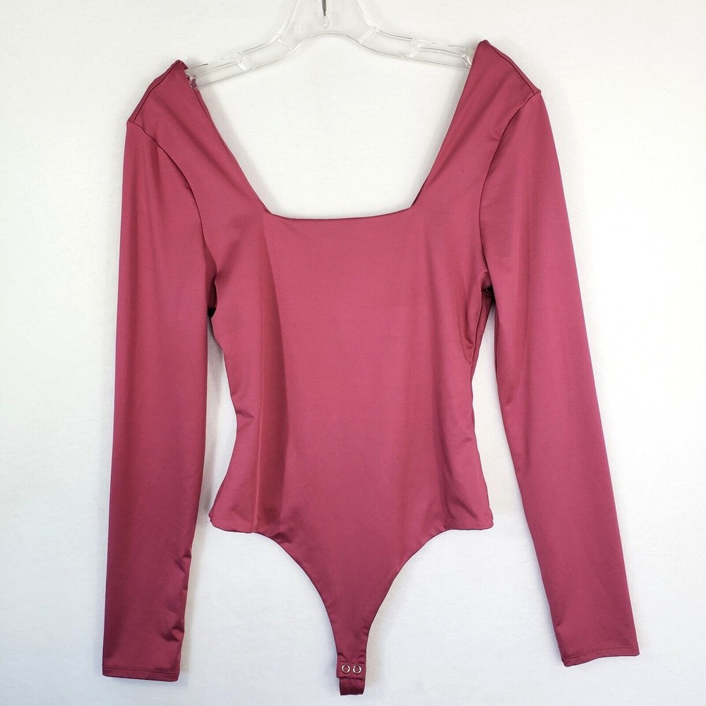 Crave Fame Bodysuit Womens Medium Square Neck Long Sleeve Blouse Top Pink